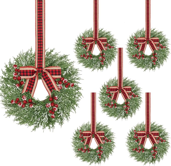 6 Pcs 14'' Mini Christmas Wreath, Small Christmas Wreaths for Windows, Winter Wreaths Christmas, Cabinet Wreaths for Kitchen, Window Decorations for Front Door Candle Rings Outdoor Indoor - skull wreath
