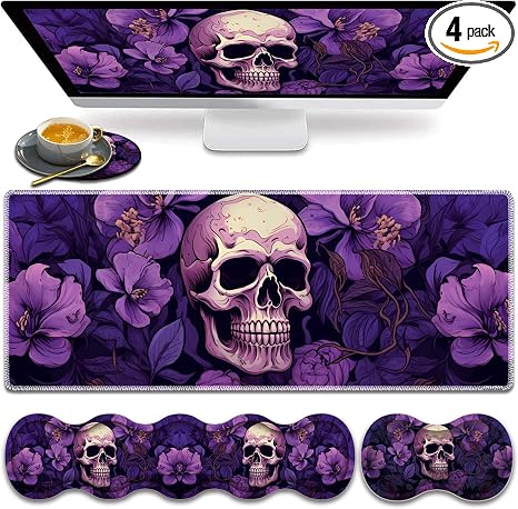 Large Gaming Mouse Pad, Keyboard Wrist Rest Pad + Mouse Wrist Pad + Coaster 4 in 1 Set, Extended Waterproof Non-Slip Desk Mat, Suitable for Office Home Learning Games, Purple Skull - skull coaster