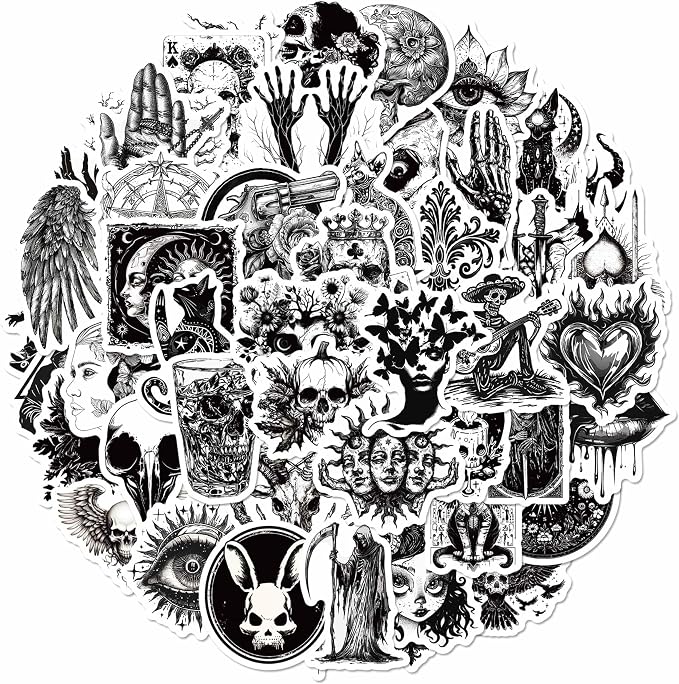 50pcs Funny Skull Gothic Black and White Punk Scary Sticker for Adults,Cool Waterproof Vinyl Horror Decals for Laptop, Water Bottle, Phone, Kindle, Journal, Scrapbook, Bumper, Skateboard, Luggage - skull sticker
