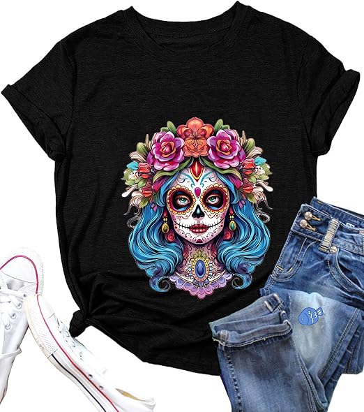 Day of Death T-Shirt for Women Mexican Holiday Women Sugar Skull Face Graphic Halloween Tee - skull tshirt