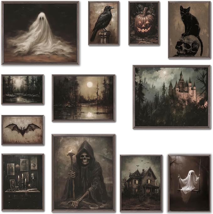 12 Pcs Gothic Halloween Wall Art - Unframed Dark Academia Room Decor - skull wall art