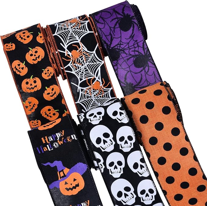 YAMA Halloween Ribbon Wired Spider Web Pumpkin Skull Polka Dot Printed 2.5 Inch Ribbon for Crafts Wreath Bow Wrapping Party Decoration 6 Rolls Total 30 Yard (90 Feet) - skull wreath