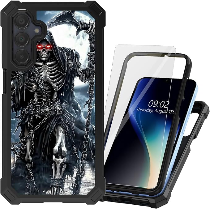 for Samsung Galaxy A15 5G Case with Tempered Glass Screen Protector Heavy Duty Dual Layer Hybrid Grim Skulls Reaper Shockproof Protective Phone Case Cover for Samsung Galaxy A15 5G 6.5" 2023 - Skull phone case