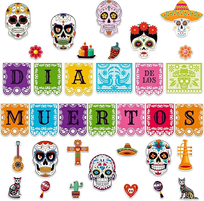 JUESMOS Day of The Dead Decorations Sugar Skull Cutouts Halloween Decor Dia De Los Muertos Colorful Skull Cutouts for Kids Students Classroom Bulletin Board Wall Decor Mexican Fiesta Party Supplies - skull candle