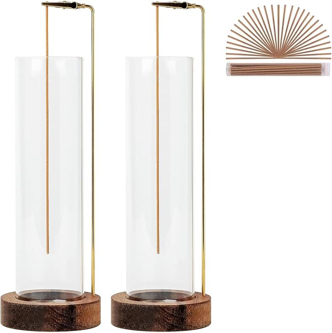 Incense Holder for Sticks, Anti-Ash Flying Incense Burner with 30 Incense Sticks, Detachable Glass Ash Catcher (Wood, Brown-2Pcs) - skull incense burner