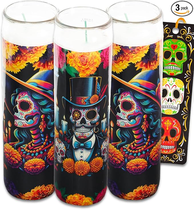 Dia de Los Muertos Religious Devotional Candles - 3 Pack of 8 Calaveras Sugar Skull Candles for Ofrendas, Vigils, Prayers, Blessing Ceremonies, More - skull candle