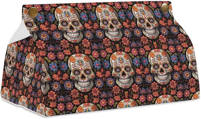 Tissue Holders Sugar Skulls Printed Leather Tissue Box Holders Rectangular Tissue Box Cover for Living Room Dinner Tables Nightstands Office - skull toilet paper