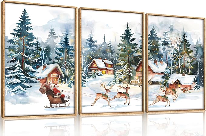Ausril Christmas Santa Sleigh Deer Framed Canvas Wall Art Set -24"x36"x3 - skull wall art