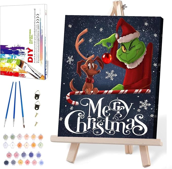 Christmas Paint by Numbers for Adults with Framed Canvas-with Wooden Easel,Paint by Numbers Kits Framed Canvas,DIY Acrylic Oil Painting Kits with Brushes Nice Gift Box for Home Wall Decor(12x16 Inch) - skull painting