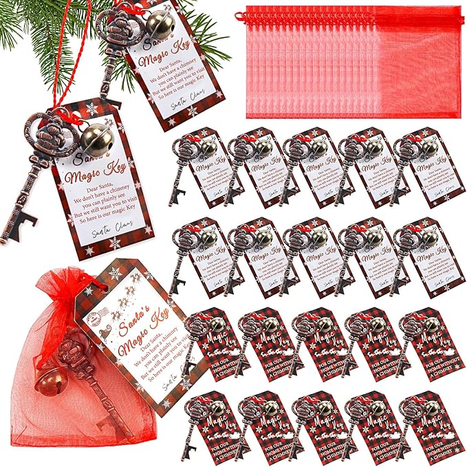 20 Set Christmas Santa Key Ornament for No Chimney Houses Vintage Metal Skeleton Charm Santas Magic Key with Santa Claus Card and Red Organza Bags for Christmas Tree Party Decoration - skeleton