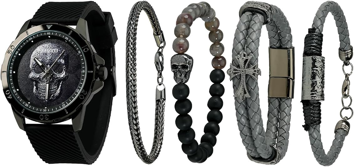 TIME100 Men's Skull Watch with Stackable Bracelet Set, Silicone Band - skull watch