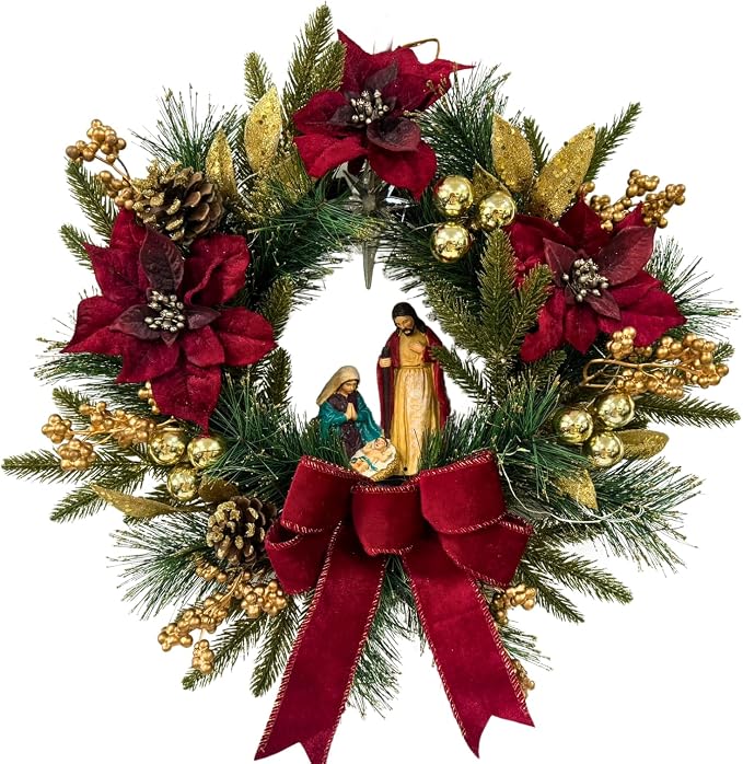 Svndlyn Lighted Nativity Christmas Wreath with Bow, Poinsettias and Star