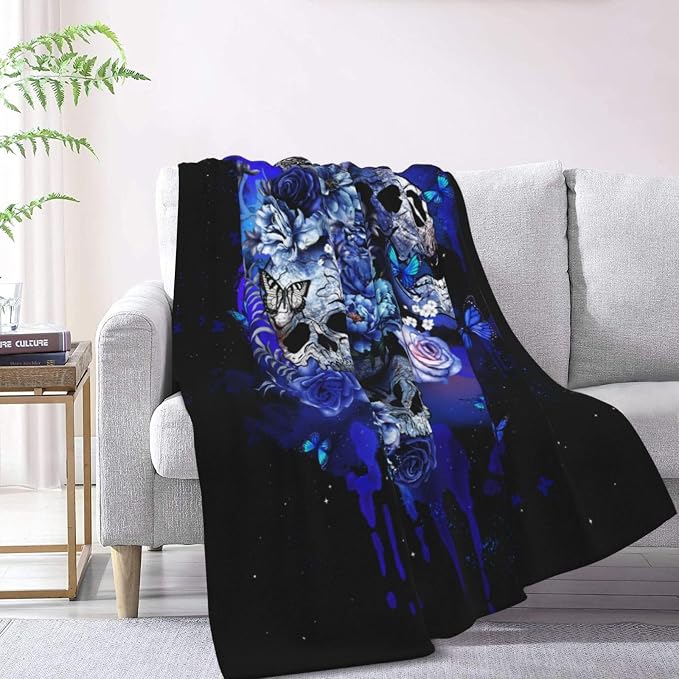 Blue Flower Butterfly Sugar Skull Fleece Throw Blanket – Soft Warm Lightweight Blanket for Women & Men Boys Girls Pets– Cozy Couch, Bed, Travel, Airplane, Car Blanket Gift 50"x40" - skull blanket