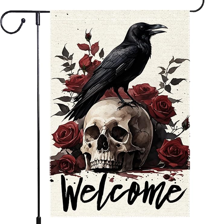 Halloween Welcome Skull Floral Rose Crow Garden Flag Double Sided Vertical, Rustic Farmhouse Yard Day Of The Dead Holiday Outdoor Decorative Flag 12.5 X 18.5 Inch - skull wreath
