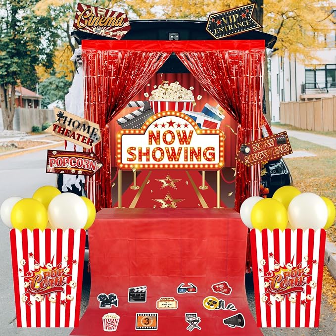 58 Pcs Halloween Trunk or Treat Car Decorations Fun Red Carpet and Popcorn Car Archway Garage Door Haunted House Party Decor for Halloween Cars Outdoor Parties Home Window Wall House - skull carpet