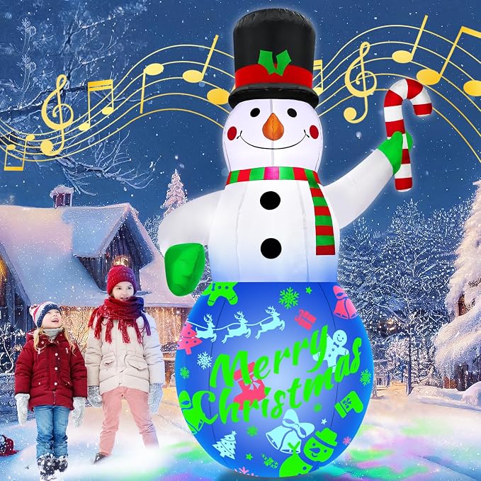 7Ft Christmas Inflatables Snowman Built-in Music Box & Rotating Colorful LED Lights, Christmas Inflatable Decoration Outdoor Blow Up Yard Decoration Snow Man for Holiday Party Xmas New Year