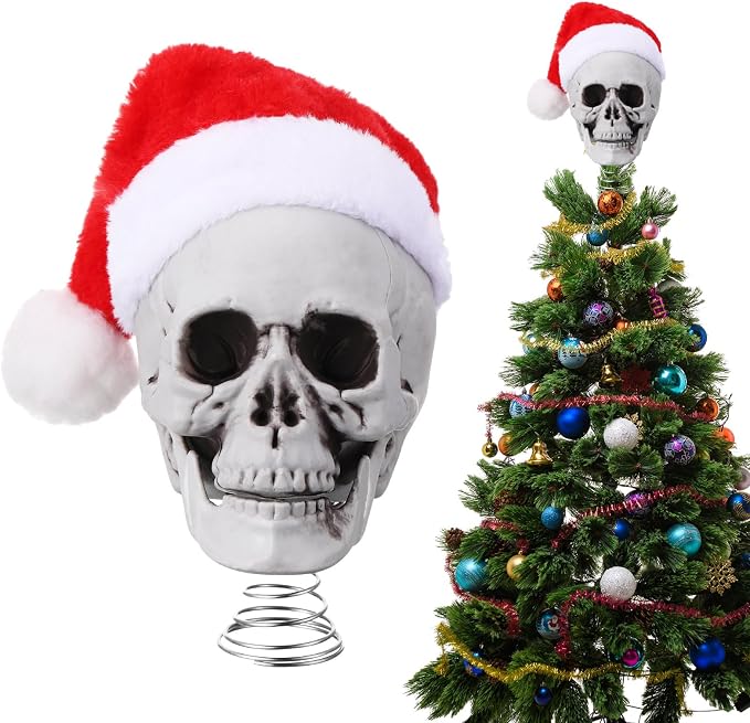 Croblissful 5 Inch Christmas Tree Topper Skull with Santa Hat - skeleton