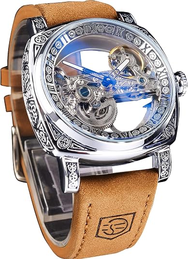 FORSINING Men's Luxury Square Carving Mechanical Watch, Retro Totem Double Sided Hollow Skeleton Self-Wind Automatic Watches, Vintage Leather Strap Wristwatch Reloj para Hombre - skull watch