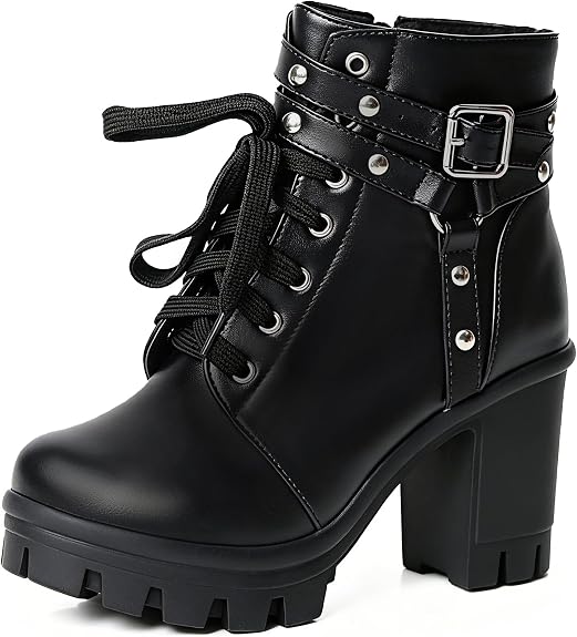 FOREADA Goth Platform Heel Combat Boots Women Pearl Lace Victorian Booties - sugar skull costume