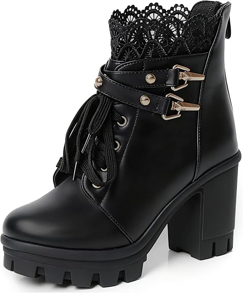 FOREADA Goth Boots Chunky Heel Boot For Women Ankle Combat Booties Black Platform Bootie Buckle Rivets Punk Goth Shoes With Zipper - sugar skull costume