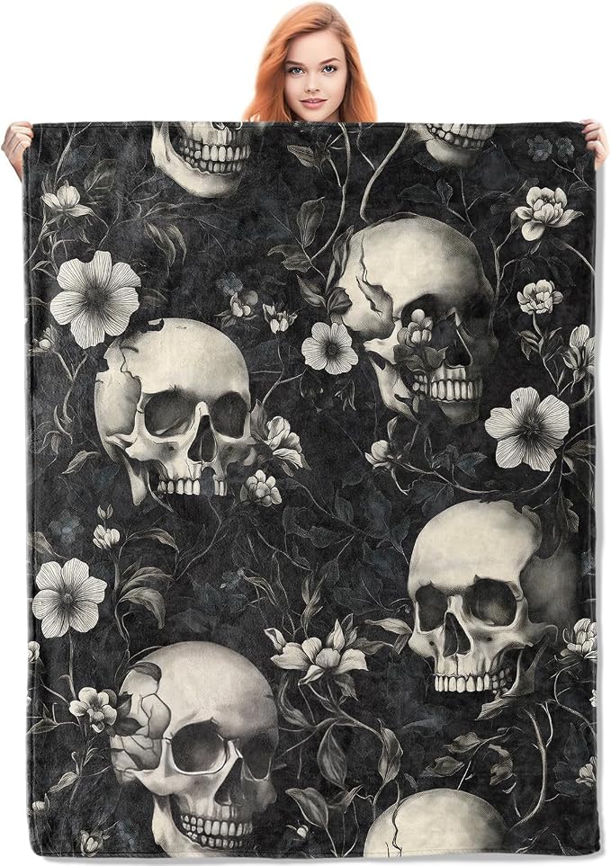 Skull and Floral Pattern Blanket for Women, Gothic Floral Flannel Blanket, Soft Warm Lightweight Throw Blankets for Bedding Sofa Couch Home Travel Decor 50" x 60" - skull blanket