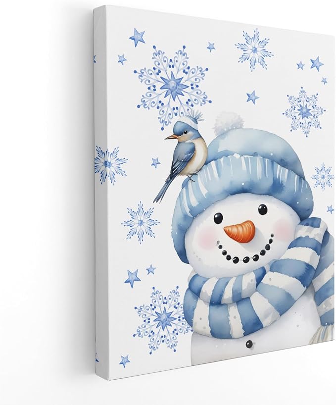 APJYM Blue Winter Snowman Bird Snowflake Wall Art, Blue Snowman Decor, Cute Christmas Winter Wall Decor for Home Bedroom Living Room, 11x14 Inch Framed - skull painting