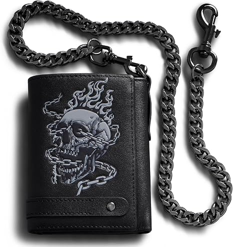 Men’s Wallet With Chain Skull Trifold Wallets For Men,Soft Leather Wallet Chains Rfid Blocking Cool Mens Gift Idea