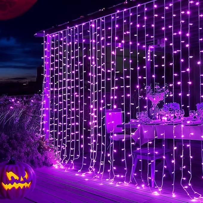 Dazzle Bright 300 LED Christmas Curtain String Lights, Halloween Fairy Lights for Bedroom with 8 Lighting Modes, Waterproof Window Light Party Wedding Garden Wall Decor, Purple - string light