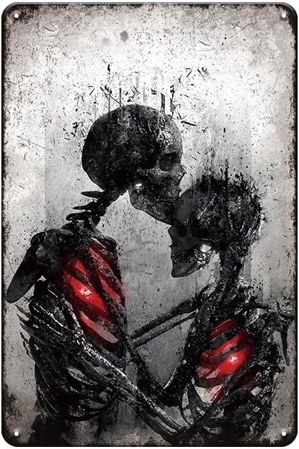 Letnspk The Lovers Skull Wall Decor Black and White Skeleton Metal Siign Gothic Room Decor Aesthetic Wall Art for Bedroom Living Room 12″ x 8″