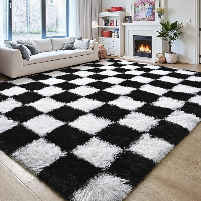 4×6 Fluffy Black and White Checkered Area Rug