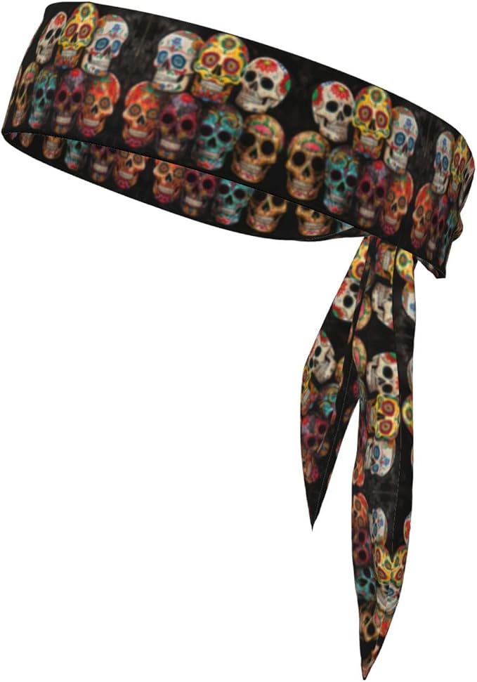 Sugar Skulls Print Elastic Headband with Adjustable Anti Slip and Moisture Absorbing Headband for Motion - skull headband