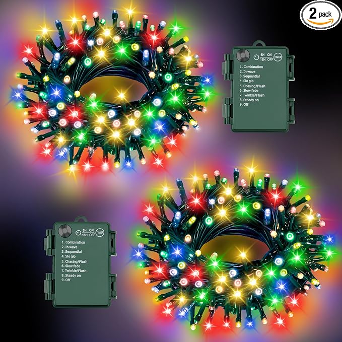 Christmas Lights Outdoor Battery Operated String Lights Total 100LED 33Ft with Timer 8 Modes 16.4Ft*2 Waterproof Outdoor Indoor for Christmas Decor, Multicolor, 2-Pack - string light