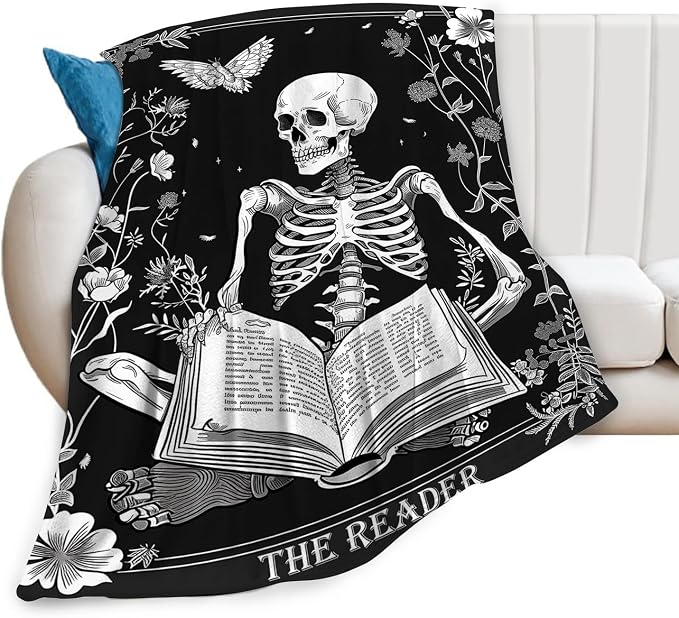 Reading Throw Blanket Ultra Soft Cozy Funny Skeleton Read Book Blanket Fleece Fuzzy Plush Skull Reading Lovers Reader Librarian Decor Gifts for Women Girls Adults Couch Sofa 50"x40" - skull blanket