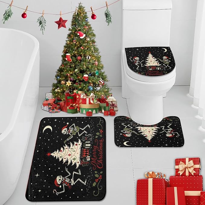 Bathroom Rug Set of 3,Bath Mats, Christmas Santa - skull toilet mat