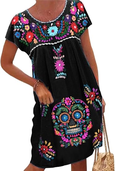 Melliflo Mexican Dress for Women Short Sleeve Floral Embroidered Fiesta Dress Loose Linen Peasant Dresses - sugar skull dress