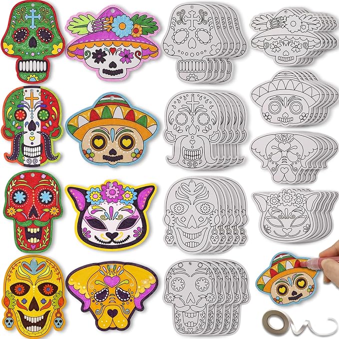 40 Pcs Sugar Skull Paper Ornaments Day of The Dead Coloring Craft Kit Color Your Own Paper Sugar Skull Dia De Los Muertos DIY Mexican Party Decorations Fiesta Blank Cutout Hanging Slices - sugar skull ornament