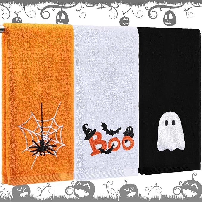Fanfanwin 3 Pcs Halloween Bath Hand Towels Decor,Black White Orange,Spider - skull toilet paper