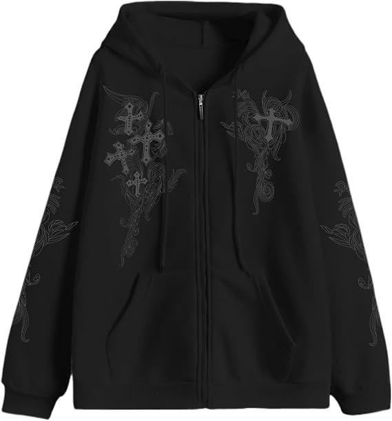 Zip Up Hoodies Y2k Jacket Graphic Gothic Jackets Grunge Cross Hoodie Baggy Streetwear Emo Sweater Aesthetic Clothes - skull jacket