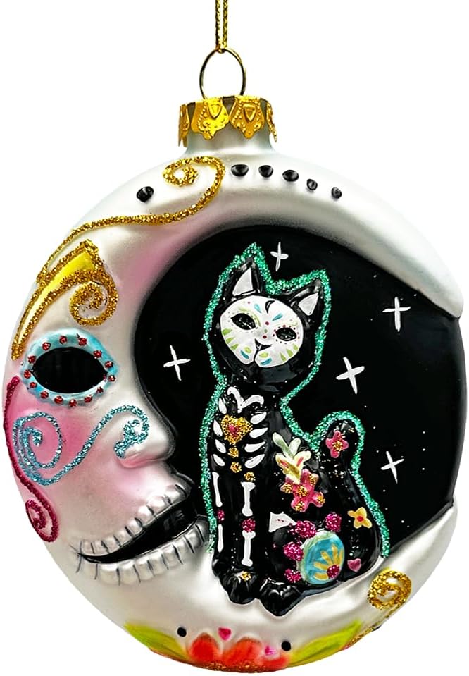 Folkloric Siamese Cat Sugar Skull Glass Ornament, Celestial Crescent Moon Halloween Decor - sugar skull ornament