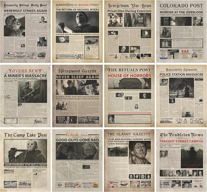 Vintage Horror Movie Newspaper Poster - 8x10 Inches Unframed Posters & Prints - Serial Killer Halloween Decorations for Bedroom Wall Art - Massacre Retro Room Decor for Living Room Wall Decor - Gothic Pumpkin Witchy Horror Haunted House Posters for Room Aesthetic. ((8x10 Newspaper)) - skull wall art