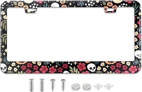Flowers License Plate Frame Car Universal Stainless Steel Accessories with 2 Holes and Screws Fit for US Vehicles Size 12 x 6 Inches (Halloween Skull Floral, 1) - skull plate