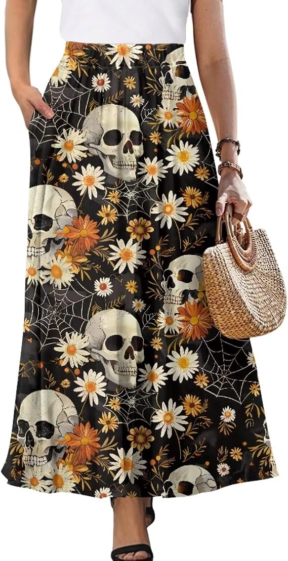 Yewattles Womens Printed Double Pocket Skirt Casual Long Maxi Skirt with Double Pockets Swing Dress - sugar skull dress