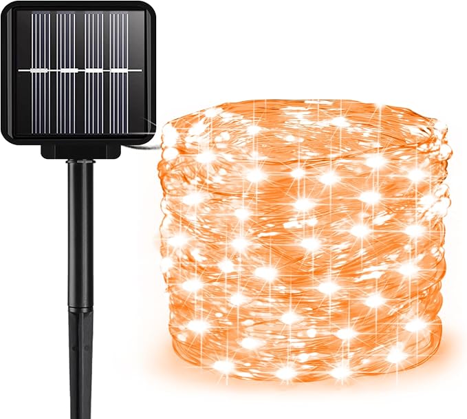 ALENEY Solar String Lights Outdoor, 33 Feet 100 LEDs 8 Modes Solar Fairy Lights for Outside, Waterproof Outdoor Light for Patio Yard Christmas Tree Halloween Wedding Party Decorations, Orange - string light