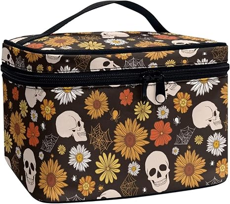 Gothic Skull Daisy Floral Pattern Travel Makeup Bag for Women Large Capacity Cosmetic Bags with Zipper and Handle Make Up Tote Bags Organizer Portable Toiletry Bags - skull suitcase