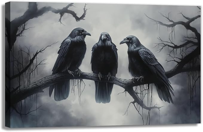 OAAPITI Halloween Wall Art Black Raven Art Poster Night Forest Landscape Pictures Print Scary Weird Black Crow Living Room Home Bedroom Decor(Artwork-5,12"x18") - skull wall art