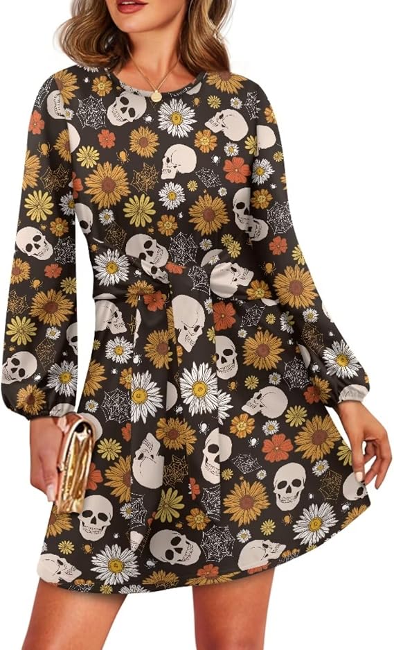 Gothic Dress Halloween Dress for Girls Womens Flowy Midi Dress Lantern Sleeve Skull Dress Trendy Belted Dress Novelty Party Dress Skater Swing Dress A Line Floral Dress - sugar skull dress