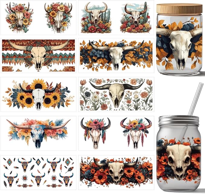 arricraft 10 Pcs Cow Skull UV DTF Cup Wrap Transfer Sticker, 10 Styles Flowers Western Transfer Halloween Paper Rub on Stickers PVC Cup Wrap Waterproof Decals for Glass 24x11cm/9.4x11inch - skull sticker