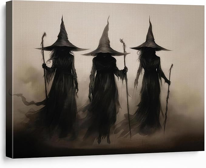 ART Halloween Wall Decor Creepy Witchy Canvas Poster Three Witches Wielding Flames in Their Hands Retro Painting Gothic Decor Aesthetic for Halloween Room Family Bedroom 11x14inch