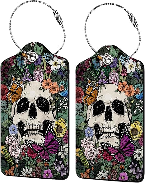 Skull and Colorful Flower Luggage Tags for Suitcases,2 Pack Luggage Tag, Leather Stainless Steel Loop Label Tag for Women Girl Travel Bag Suitcase - skull suitcase