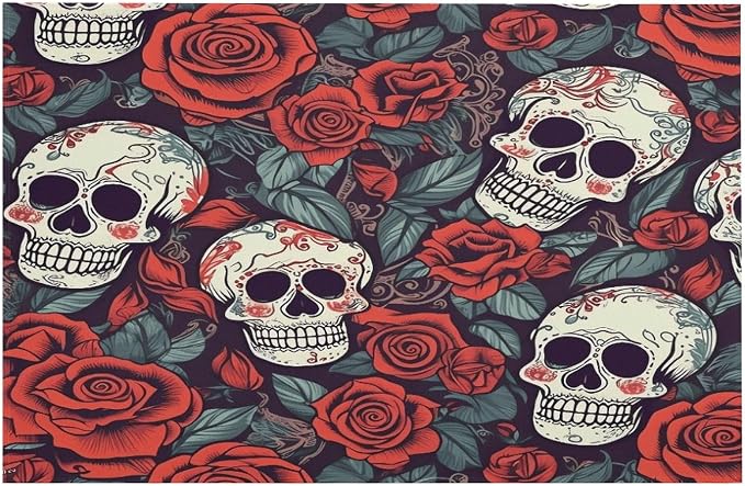 Absorbent Bathroom Mat,Sugar Skulls and Red Roses Print Bath Rug,Soft Microfiber Bath Carpet,Washable Bath Mat for Entrance Bedroom Balcony - skull carpet
